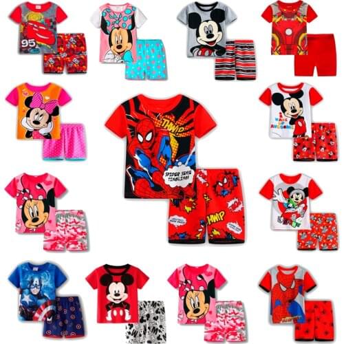 Pajamas Summer Children Short Sleeve Sleepwear Spiderman Cars Mickey Boys Cartoon Pyjamas Girl Clothing Nightwears Set