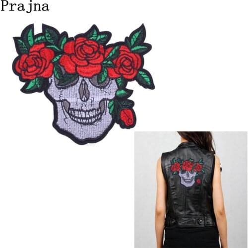 Prajna Punk Skull Clothing Patches Rose Red Punk Badges Embroidery Iron-On Biker Patch For Clothes Sew On Stripe Clothes Badge