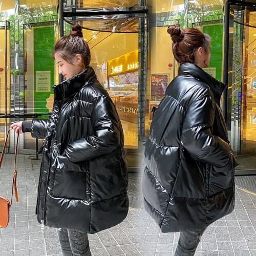 Down Jacket Women Autumn Winter loose bright face stand collar small Pu padded jacket waist drawstring jacket