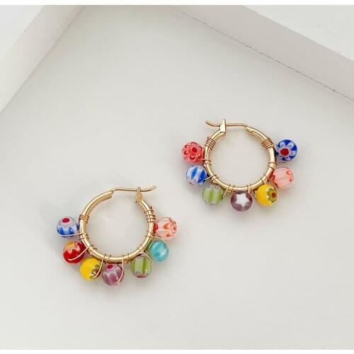 Minar Boho Rainbow Bright Beaded Earring Colorful Coloured Glaze Beaded Hoop Earrings for Women Statement Summer Beach Jewelry