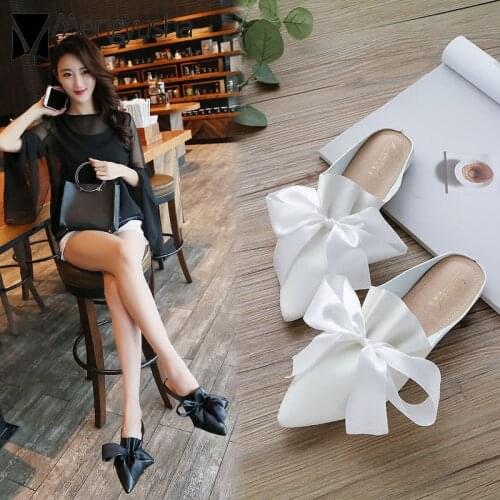 Genuine leather silk bow sandals women comfort breathable flip flops summer mules woman small white shoes sweet beach sandals