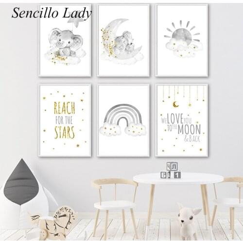 Cute Grey Elephant Rainbow Nursery Canvas Painting Animal Poster Art Print Decorative Picture Nordic Kid Baby Room Wall Decor