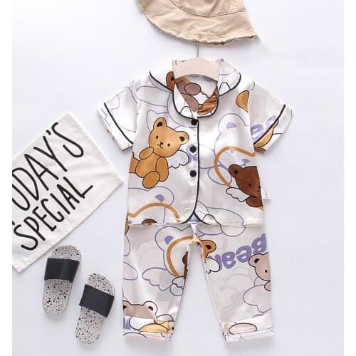 TELOTUNY Kids Baby Boys Girls Bear Wing Printed Pajamas Sets Short Sleeve Fake Silk Home Pijamas+Long Pants Sleepwear Outfits