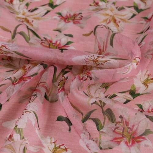 Pink lily flower Digital printed thin silk chiffon fabric for dress 100% natural silk cloth for women scarf shirt tissu au metre