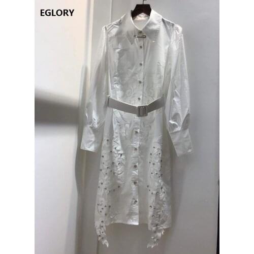 Top Quality New Long Shirt Dress 2020 Autumn Style Women Turn-down Collar Exquisite Embroidery Crystal Beading Long Sleeve Dress