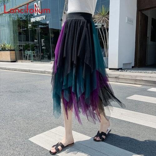 Summer Y2k Egirl Korean Fashion Kawaii Harajuku Vintage Mesh Contrast Patchwork Elastic High Waist Midi Tulle Skirts Womens 2021