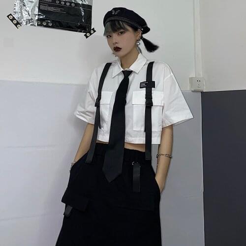 Gothic Short Blouse Women 2021 Summer Harajuku Polo Shirt Tie Pin Patchwork Double Pockets Streetwear Female Shirts Crop Tops