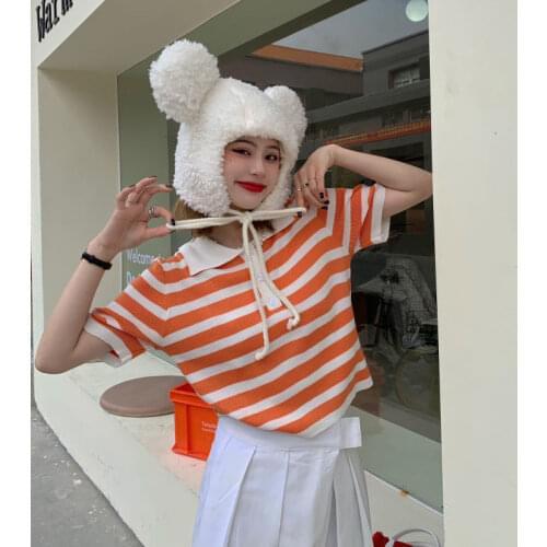 Woman TShirts Crop Top Polo Collar Striped Short-Sleeved T-shirt Womens Knitted Blouse Summer 2021 Mujer Camisetas