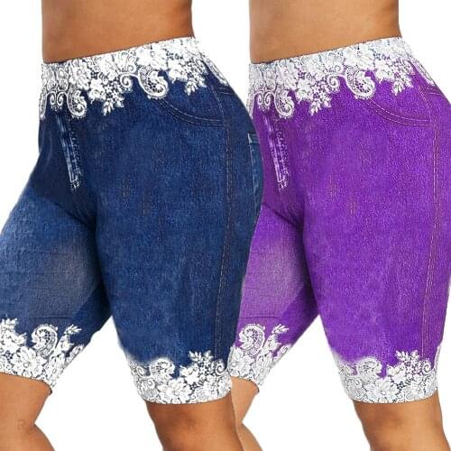 Women Fashion Leggings Yoga Shorts Lace Patchwork Denim Sports Shorts Women Fitness Elastic Waist Stretchy Biker Shorts