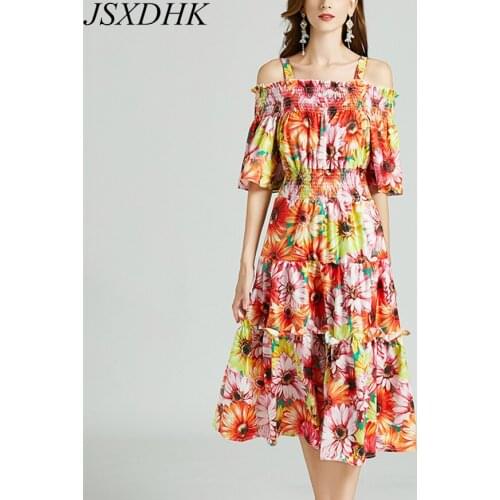 Elegant Autumn Women Holiday Boho Dresses Runway Fashion Spaghetti Strap Sunflower Print Flare Sleeve Off Shoulder Midi Vestidos