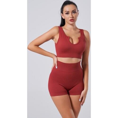 Women Ribbed Sports Suits U Collar Tanks Tops Push Up Shorts Sets High Waist Leggings Suits Girls Summer Seamless Gym Wear