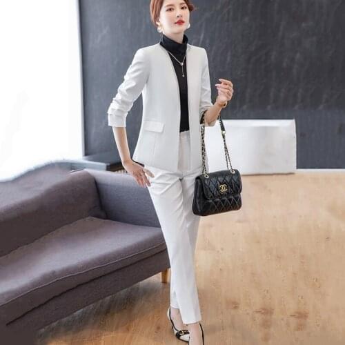 2021 Autumn White Black Womens Pants Suit 2 Pieces Set Formal Elegant Ladies Blazer Female Jacket Business Work Trousers Suits