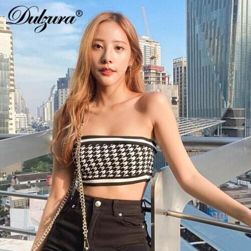 Dulzura Houndstooth Print Women Tube Tanks Crop Top Bodycon Sexy Streetwear Party Elegant Cute 2021 Summer Clothes Club