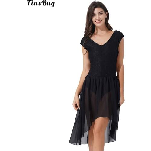 TiaoBug Women V Neck Sleeveless Lace Ballet Dance Dress Asymmetric Hem Dresses Dancing Competition Costume Solid Color Clothes