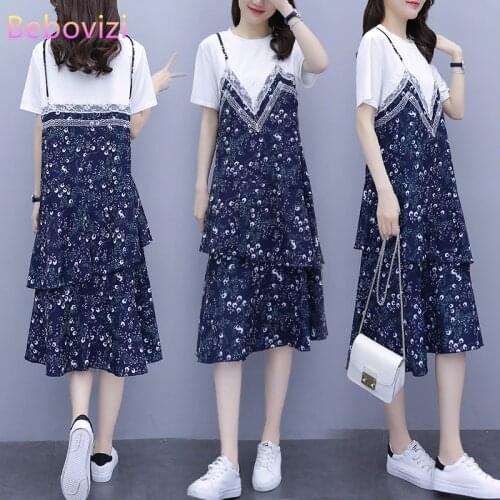 Fashion Korean New 2021 Fake Two Piece Plus Size L-5XL Summer Loose Women Short Sleeve Midi Dress Casual Office Lady Clothes