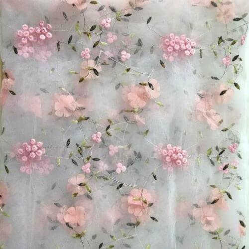 1Yard PINK 3D Embroidered Flower Mesh Lace Fabric DIY Children Clothing Wedding Dress Sewing Cloth Accessories