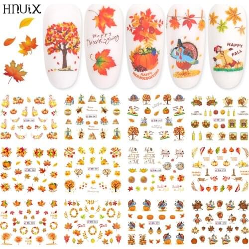 12 pieces Nail Art autumn sticker maple leaf pumpkin turkey print slider decals water Thanksgiving manicure decor BN361-BN372