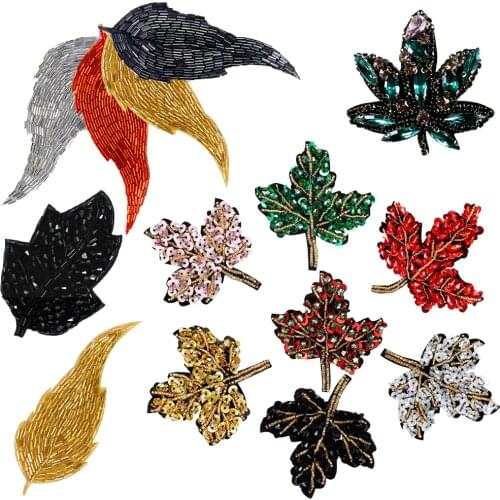 Maple Leaf Bead Sequin Motifs Patches Sew for DIY T-shirt Clothes Wedding Dress Decorative Applique 2pc TH1635