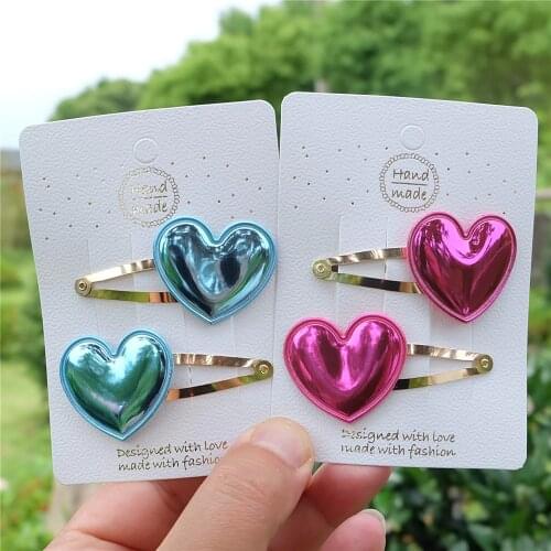 2Pcs/set Cute Shine PU Heart Hair Clips For Girls Women Princess Barrettes Hair Accessories Golden Hairpin Fashion Headdress New