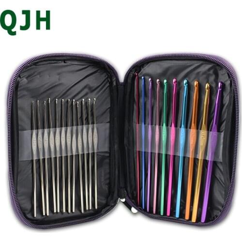 QJH Brand 22pcs Aluminum Crochet Hooks Needles Knit Weave Craft Yarn Sewing Tools Knitting Steel Crochet Hook Set with Case