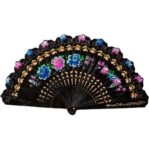 69HC 8 Inch Spanish Colorful Floral Print Folding Handheld Fan Vintage Retro Hollow Out Wooden Dancing Hand Fan for Women Party