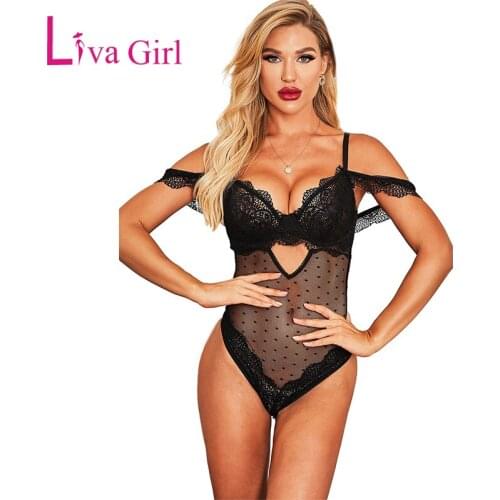 LIVA GIRL Black Lace Bodysuit for Woman Mesh Dotted Print Hollow Out Sheer Sexy Bodysuits Lingerie Female Off Shoulder Body Tops