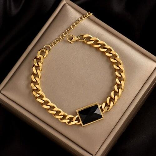 Colorfast 316L stainless steel new fashion punk chain bracelets square inlaid with black gem pendant best gift for ladies