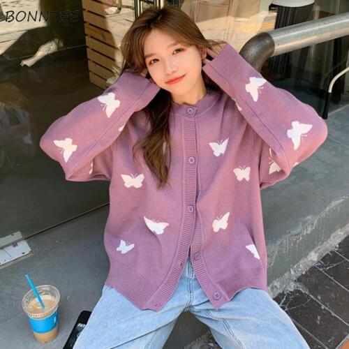 Cardigans Women Purple Sweaters Elegant O-Neck Leisure Cartoon Printed Lovely Womens Trendy Ins Knitting Cardigan Loose Outwear