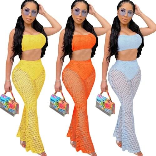 Summer Beach Wear Two Piece Set Top and Pants Women Knit Crochet Hollow Out Sexy Club Outfits Night Party Holiday Matching Sets