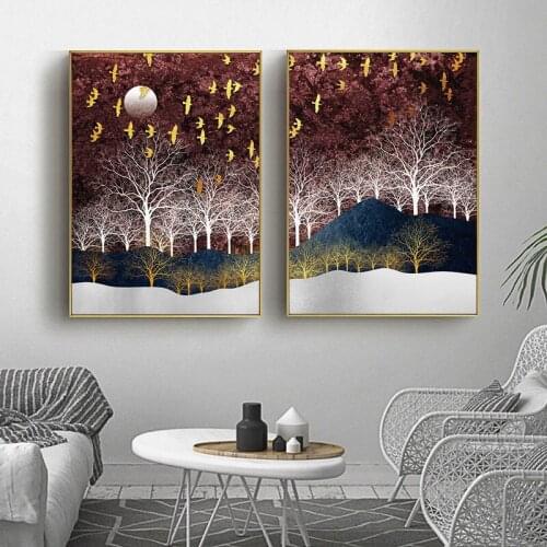 5D DIY Poured Glue Diamond Painting Kits Scallope Edge No Framed Abstract Golden Bird and Tree Canvas Art Decorative Decor Gift
