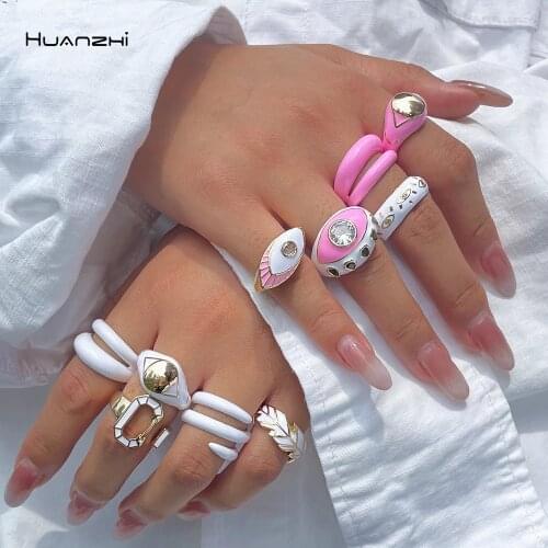 HUANZHI 2021 New Pink White Dripping Oil Ring Evil Eyes Smiley Face Rhinestone Geometric Irregular for Women Girl Trendy Jewelry