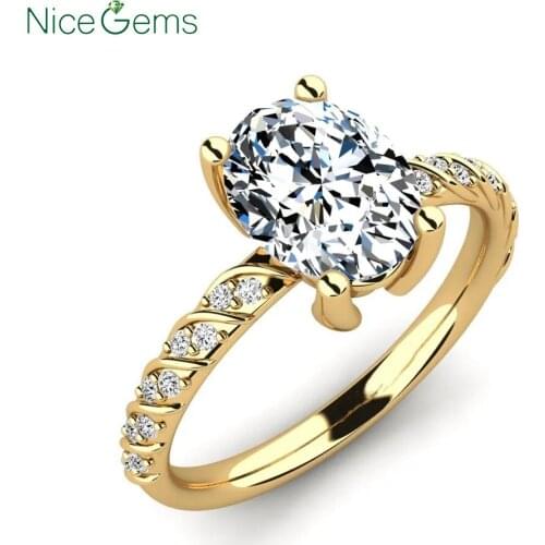 NiceGems 14K Yellow Gold OVal Shape Moissanite Engagement ring Center 2 Carat 7x9mm DF Color Moisanite wedding ring pave set