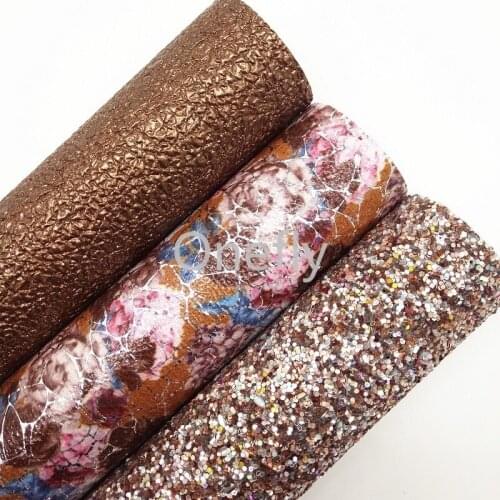Onefly 21X29CM Glitter Leather, Flowers printed Faux Leather, Metallic Fabric Sheets For Bow DIY handbags shoes DQ039