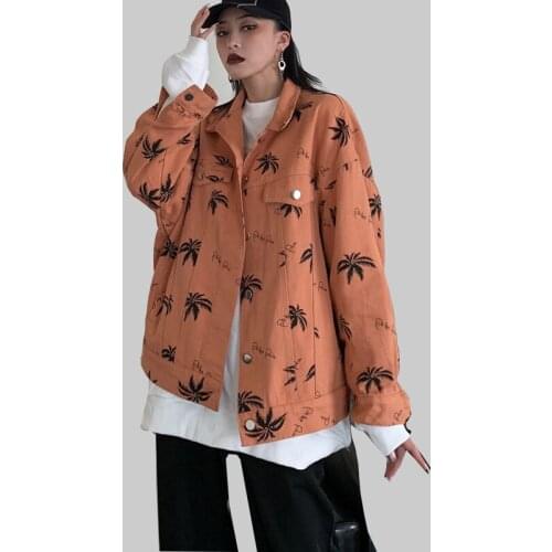 Autumn Harajuku Coat Women Maple leaf Printed Vintage Jacket Female Long Sleeve Streetwear Causal windbreaker Women Basic Jacket