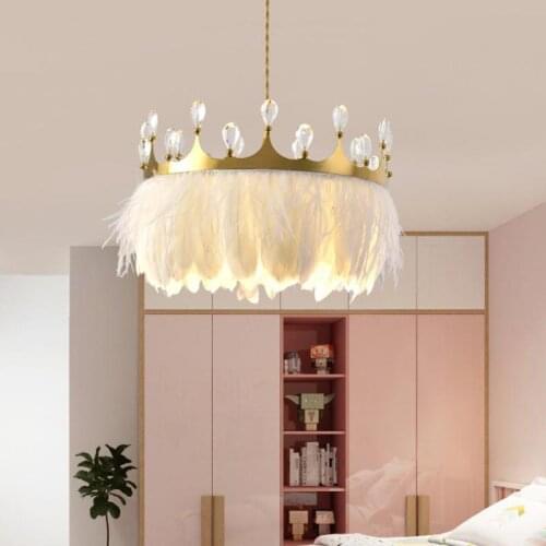 Kids Room feather pendant lights Crown hanging lamp bedroom crystal lighting Nordic wedding light luxury modern warm LED Lampe