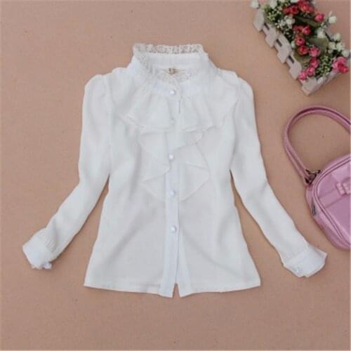 2017 Spring Fall 2-16 Y Chiffon Lace Baby Big Girls Blouse White Clothes Child Long Sleeve School Girl Shirt Kids Tops 1589