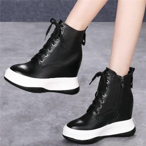 Winter Punk Pumps Women Lace Up Genuine Leather Wedges High Heel Ankle Boots Female Warm Round Toe Fashion Sneakers Casual Shoes