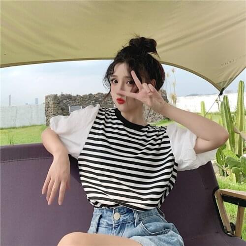 Ins Striped Tees Clothing Women Summer Casual T Shirts O-neck Puff Sleeve Female Fashion Preppy Style Ladies Tops Ulzzang