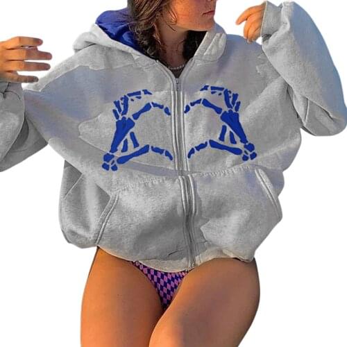 2021 Fashion Funny Hand Bone Heart Gesture Print Sweatshirt Women Long Sleeve Zip Up Loose Hoodie Street Casual Girl Jacket