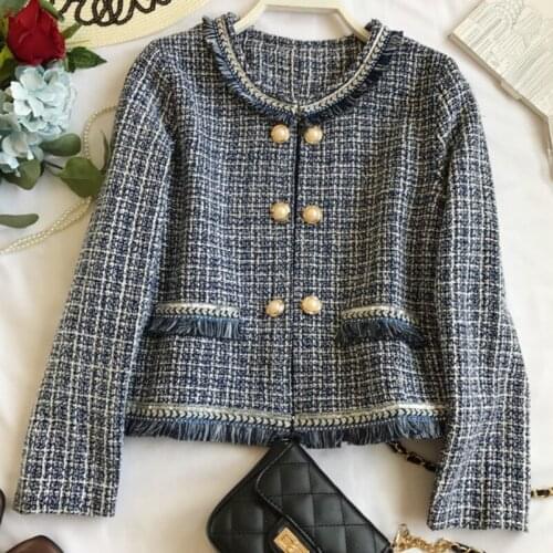 Spring Autumn new vintage tweed jacket women small fragrant double breasted woven tassel jacket