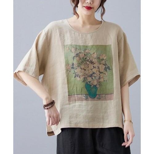 Oversized Women Cotton Linen Casual T-shirts New Arrival 2021 Summer Vintage Style Floral Print Loose Female Tops Tees B860