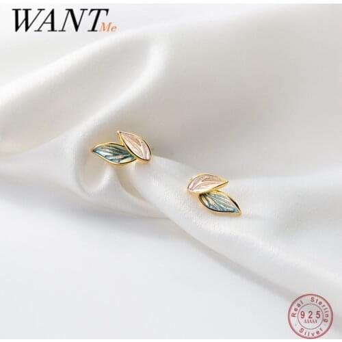WANTME 925 Sterling Silver Blue Simple Leaf Stud Earrings for Fashion Women Teen Chic Plant Korean Cute Jewelry Accessories