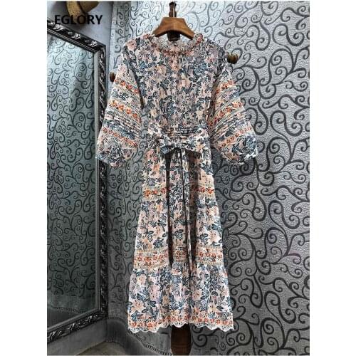 High Quality Cotton Dress 2021 Spring Summer Fashion Designer Women Vintage Floral Print Embroidery Puff Sleeve Mid-Calf Dress