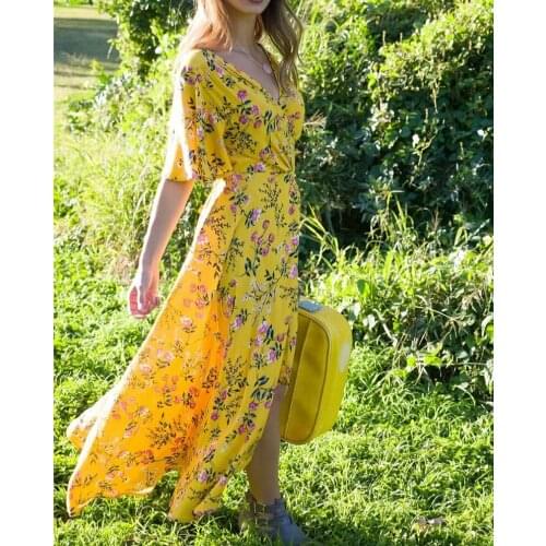 Happie Queens women yellow Floral print short sleeve beach Bohemian maxi dress Ladies cross V neck boho dress vestidos