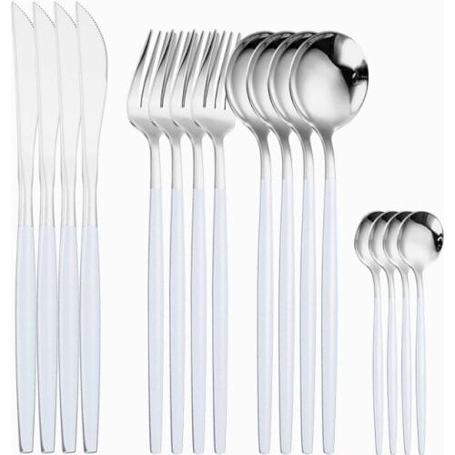 16pcs cutlery set white silver stainless steel complete dinnerware Knife fork spoon silverware set coffee tea spoon tableware