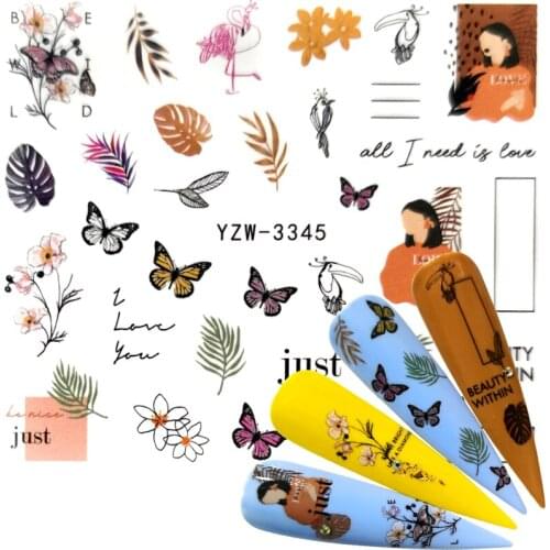 WUF 2020 1 Sheets Nail Sticker Butterfly/Flower/Leaf Summer Colorful Water Transfer Nail Decorations UV Gel Polish DIY Decals