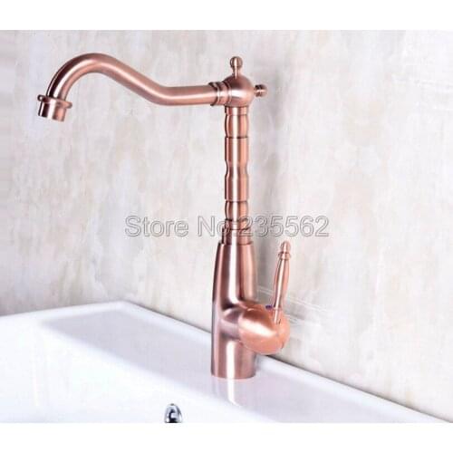 Antique Red Copper 360 Swivel Spout Bathroom Basin Faucet Single Lever Mixer Taps Deck Mounted Vessel Sink Faucets Lnf129