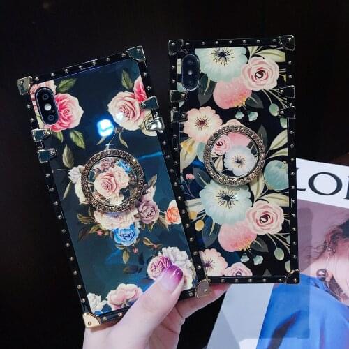 Beautiful Flower Rivet Square Ring Grip Case For iPhone 11 Pro XS Max XR X 8 7 6S Plus Samsung Galaxy Note 10 9 8 S10E/9/8 Plus