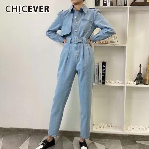 CHICEVER Patchwork Blue Denim Casual Jumpsuits For Women High Waist Minimalist Female Overalls 2021 Autumn Fashion New Clothing