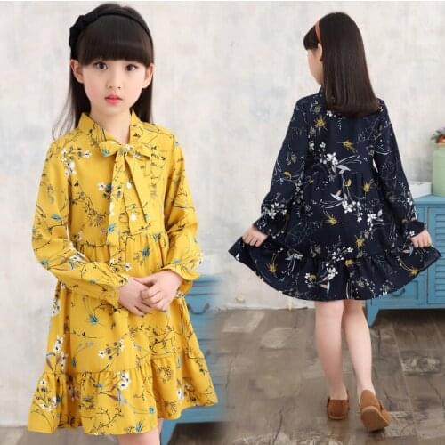 Kids Girl Autumn Winter Dress Formal Clothes 10 To 12 Childrens Dresses Navy Blue Yellow White Flower Princess Elsa Party Dress